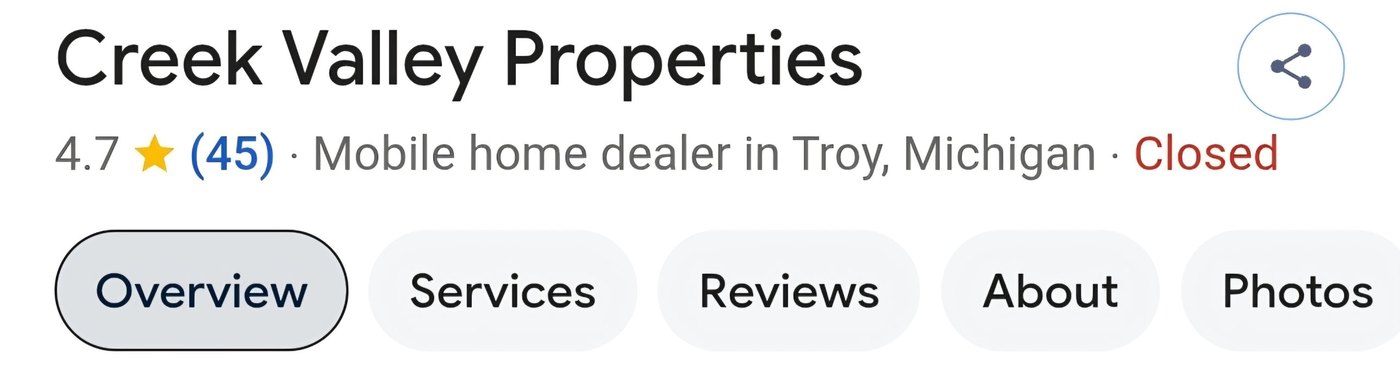 Google listing for Creek Valley Properties showing 4.7 stars and 45 reviews